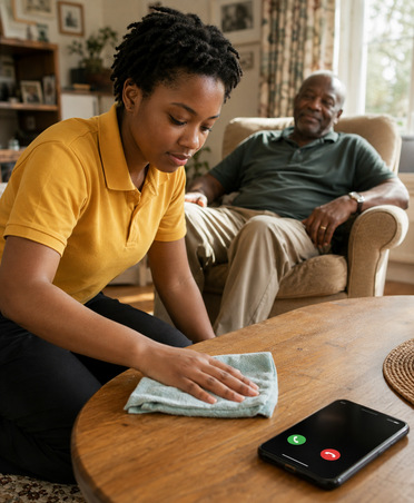 Cleaner treating an older client at home while a private number call comes through