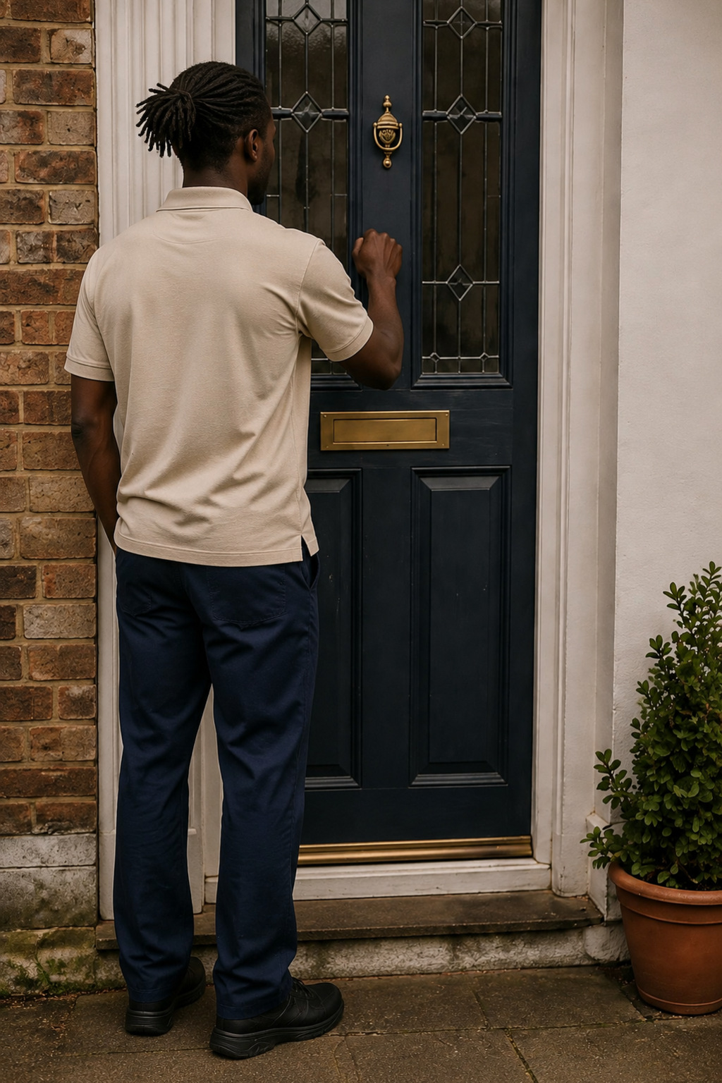 Cleaner waiting outside a client door after arriving for a home visit