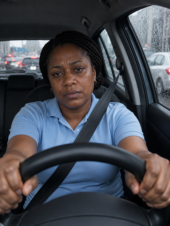 Tired cleaner sitting in traffic between appointments