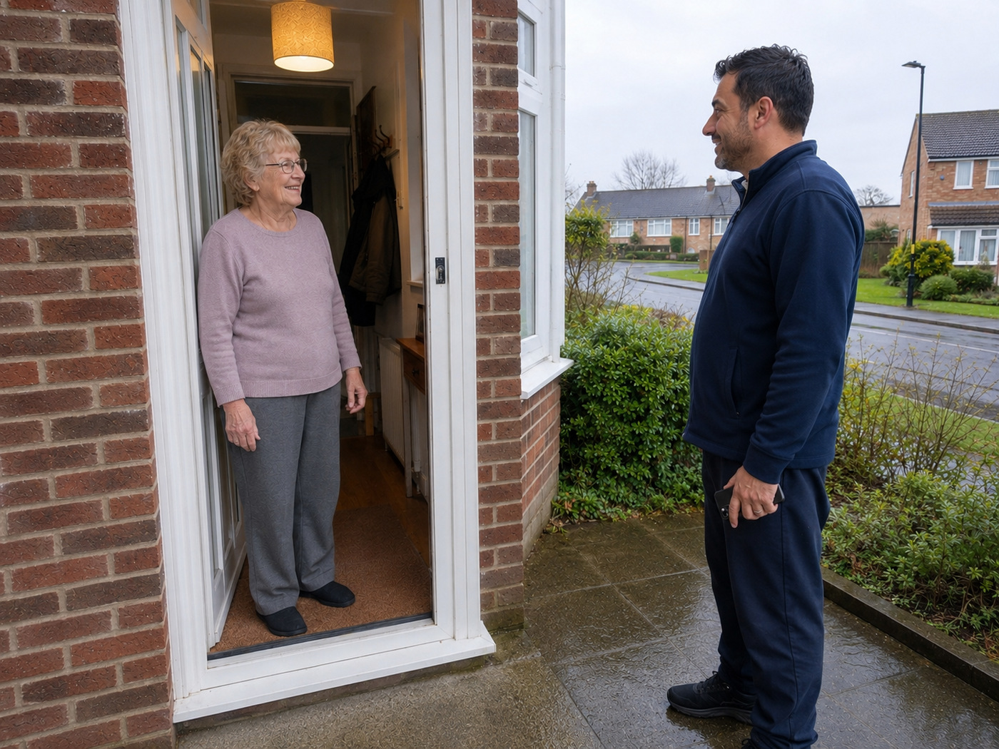 Cleaner arriving at a customer's door for a booked visit
