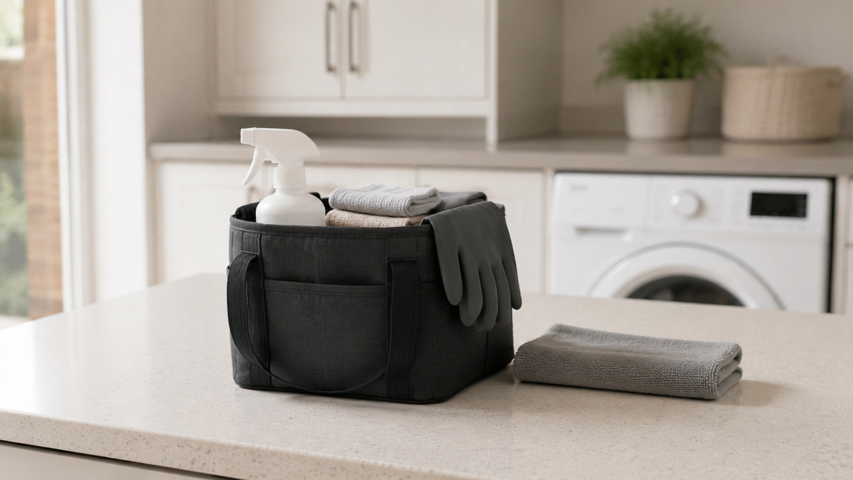 Cleaner work bag with cloths, gloves and spray ready for a client visit