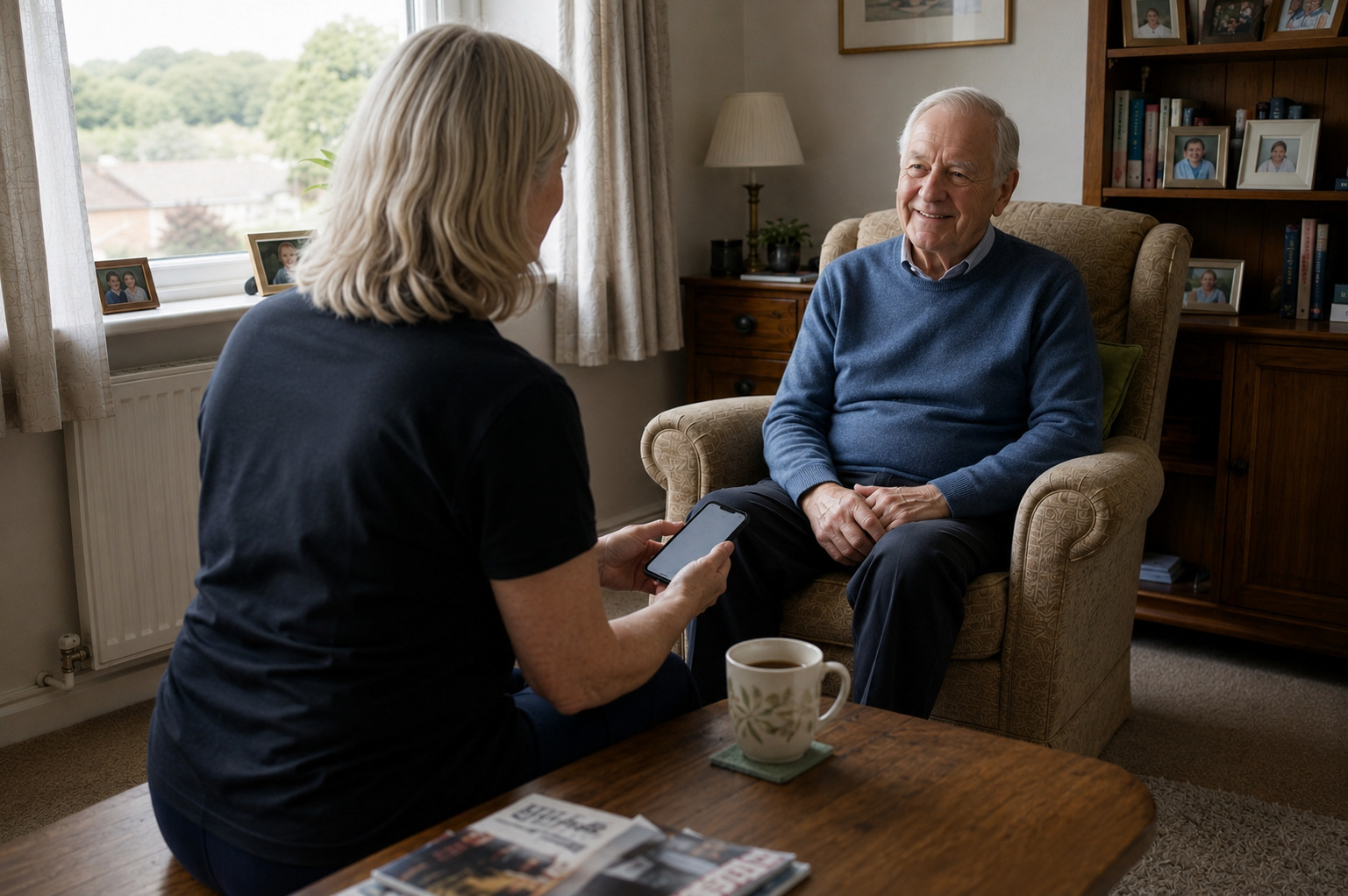 Cleaner speaking with an older client during a home visit