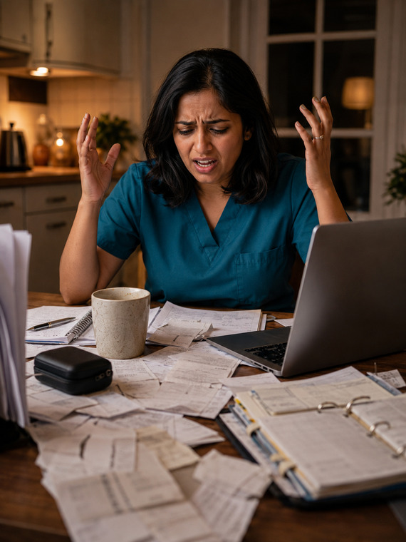 Overwhelmed ear wax removal specialist surrounded by paperwork and receipts after work