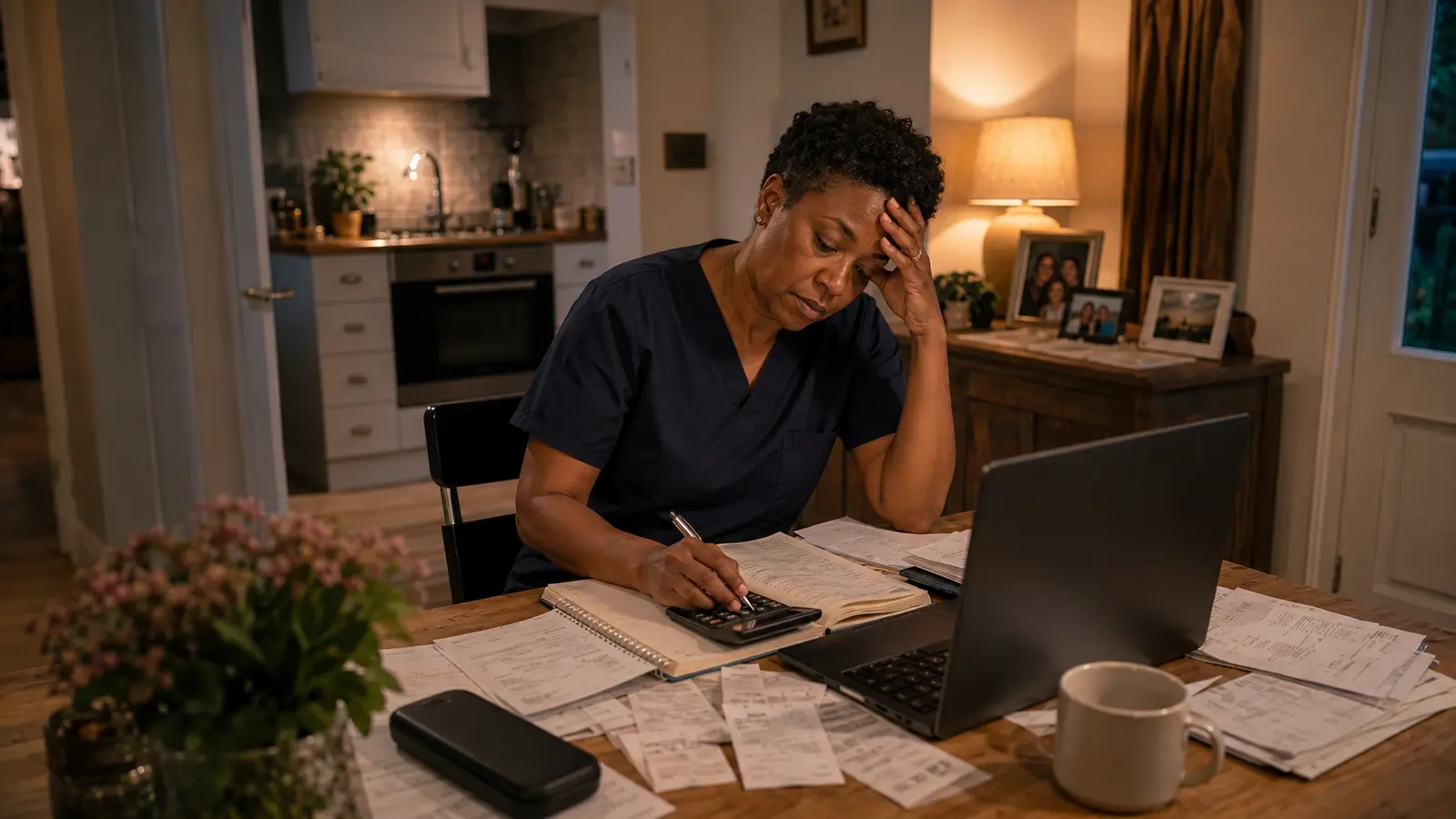 Before Offlico, an ear wax removal specialist working late at a kitchen table covered with paperwork, receipts, diary pages, laptop, and phone