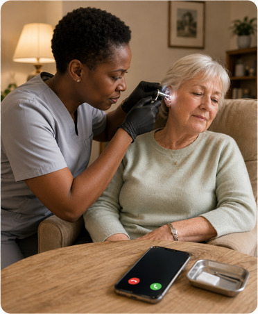 Ear wax removal specialist treating an older client at home while a private number call comes through
