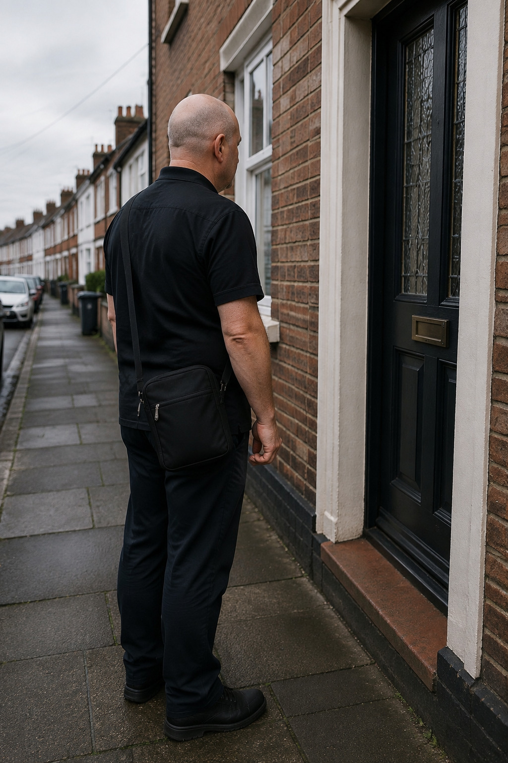 Ear wax removal specialist waiting outside a client door after arriving for a home visit