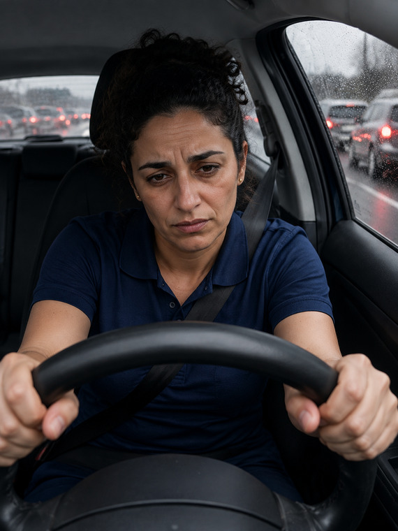 Tired ear wax removal specialist sitting in traffic between appointments