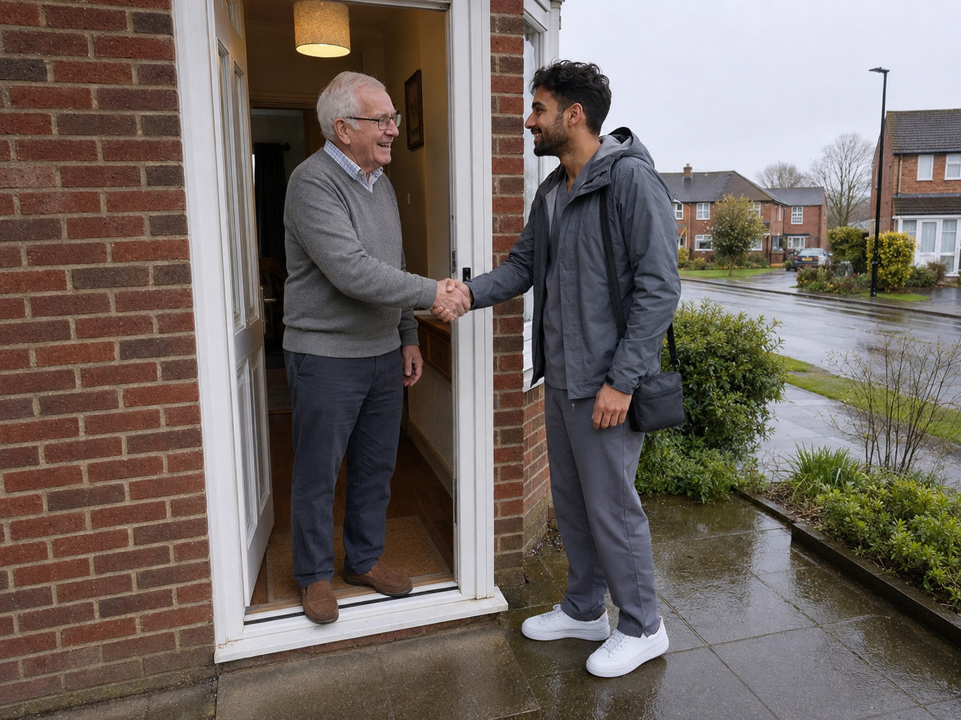 Ear wax removal specialist arriving at a customer's door for a booked visit