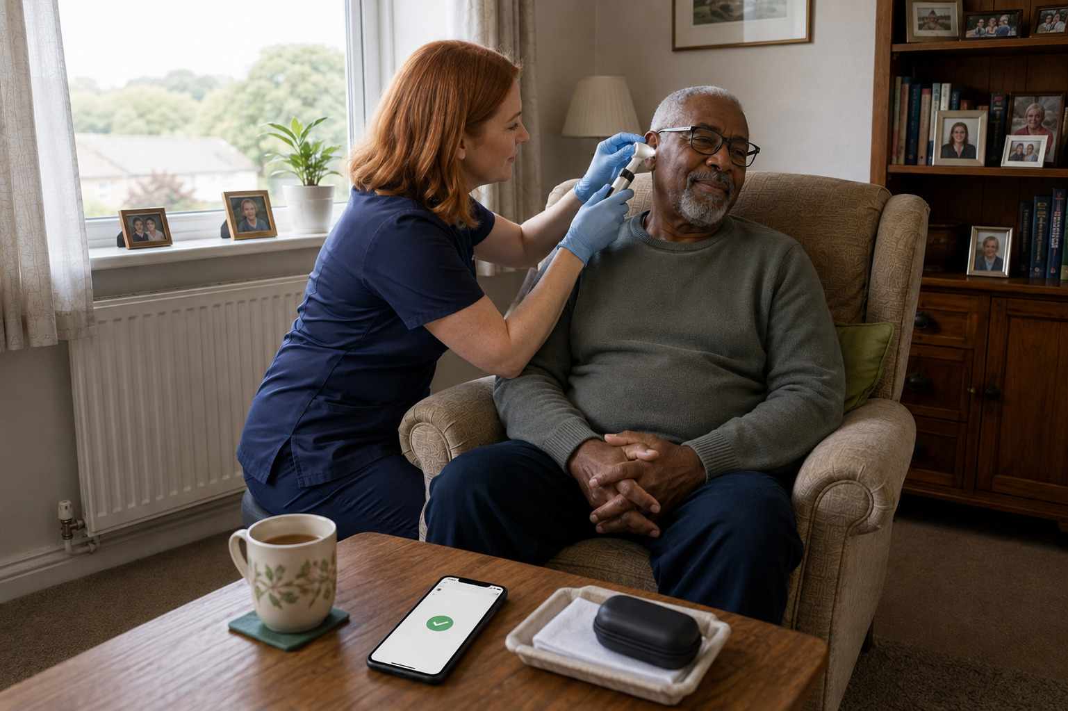 Ear wax removal specialist preparing for a home visit appointment