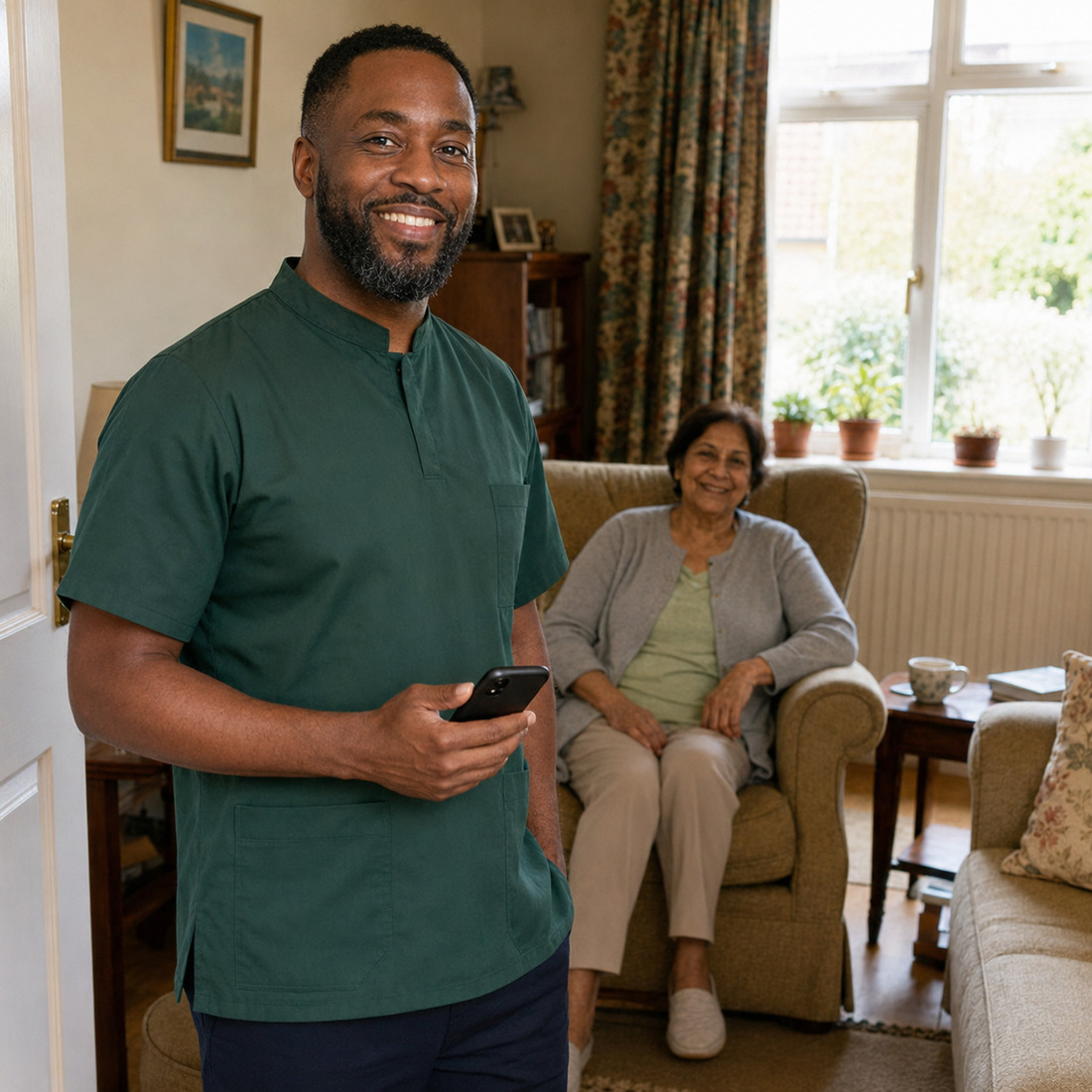 Ear wax removal specialist arriving for a home ear wax removal appointment with an older client sitting in the living room