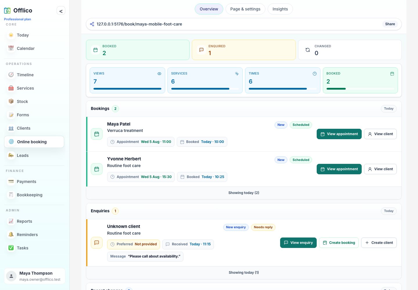Actual Offlico web app overview connected to the customer booking experience