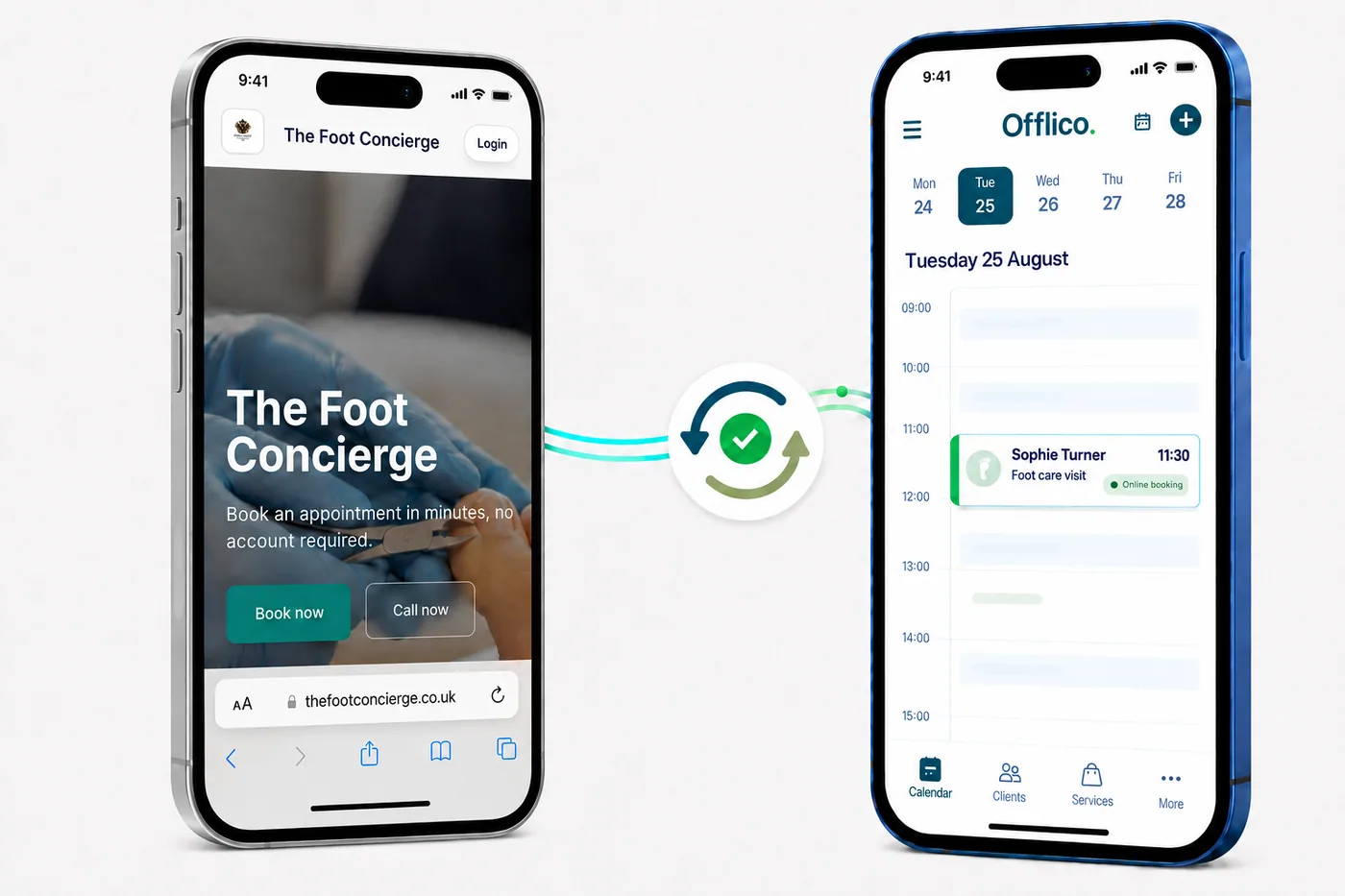 Online booking page connected to the Offlico calendar, with a client appointment appearing automatically