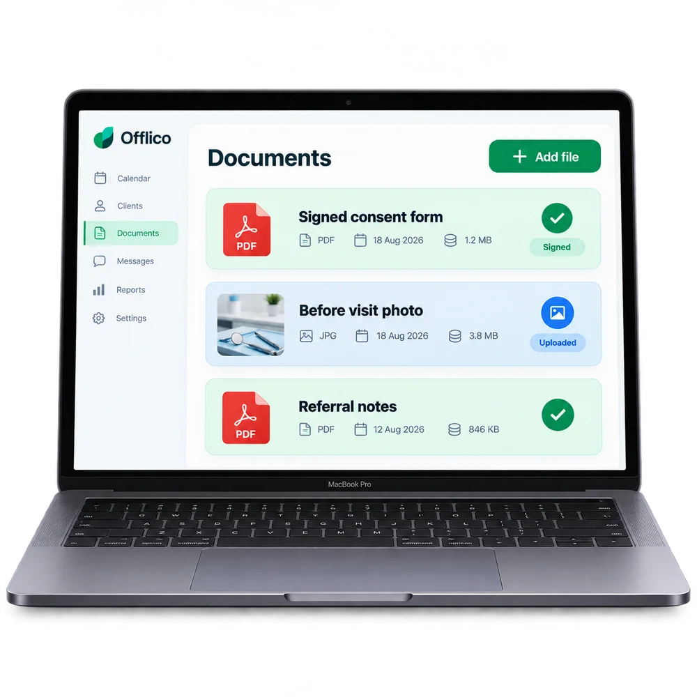 Offlico client record with consent forms photos and PDF attachments