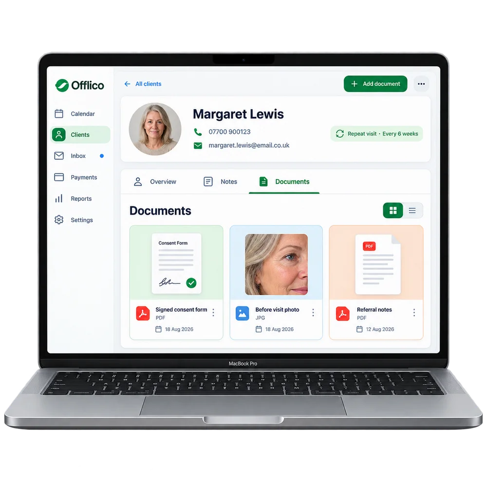 Offlico client record open with saved notes and documents ready to review