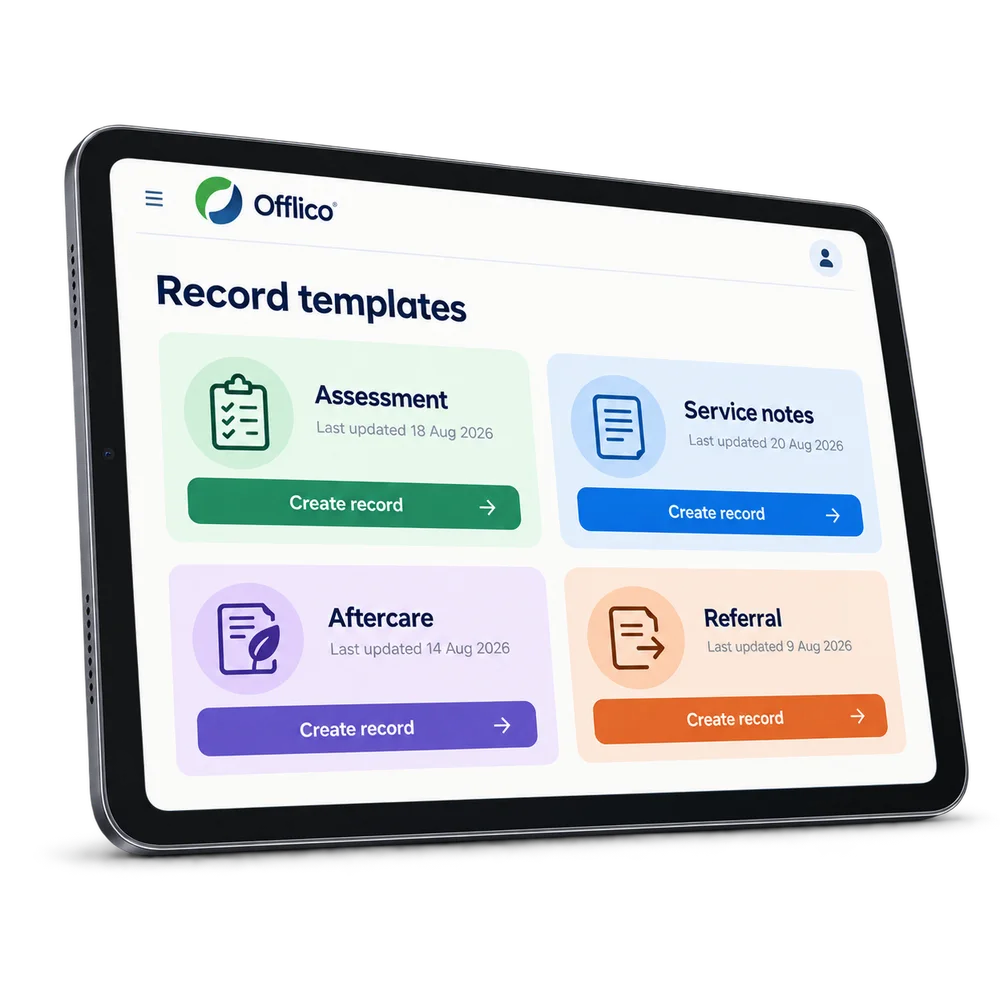 Offlico document area with assessment treatment note and referral records