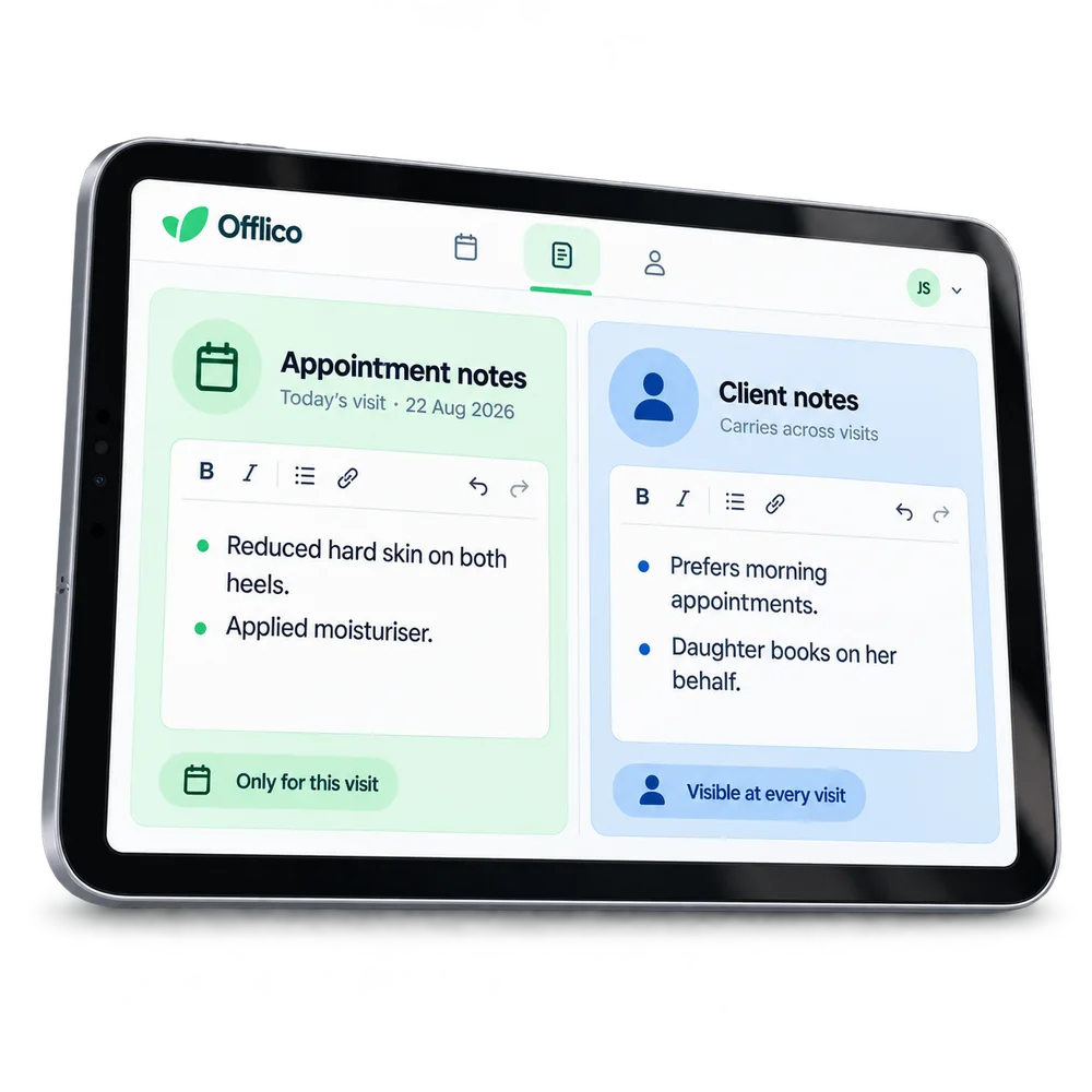 Offlico notes area separating appointment notes from client notes