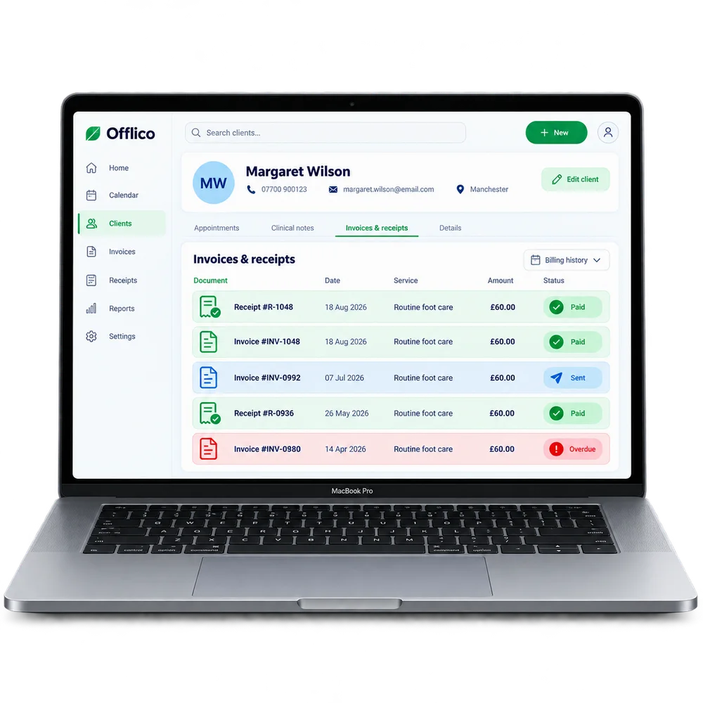 Offlico client history showing previous invoices and payment receipts