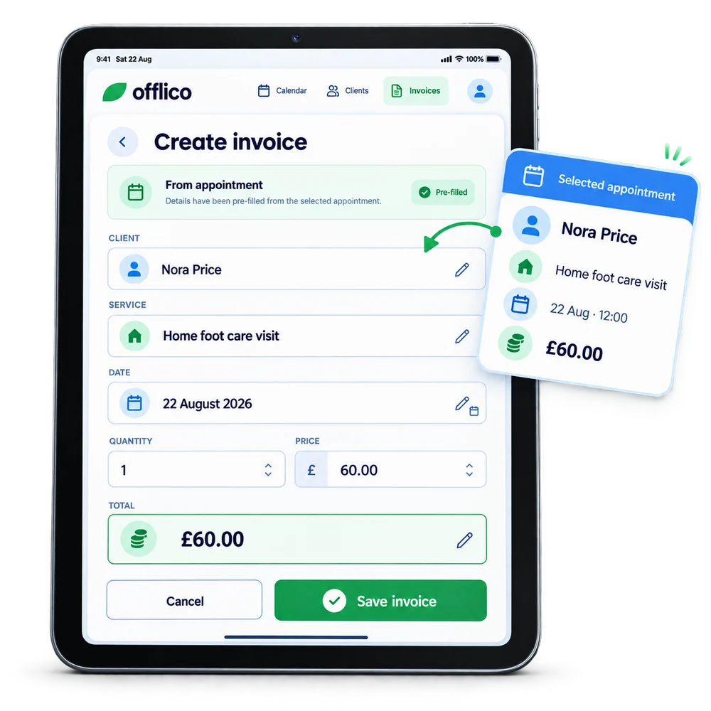 Offlico invoice pre-filled with client service price and appointment date