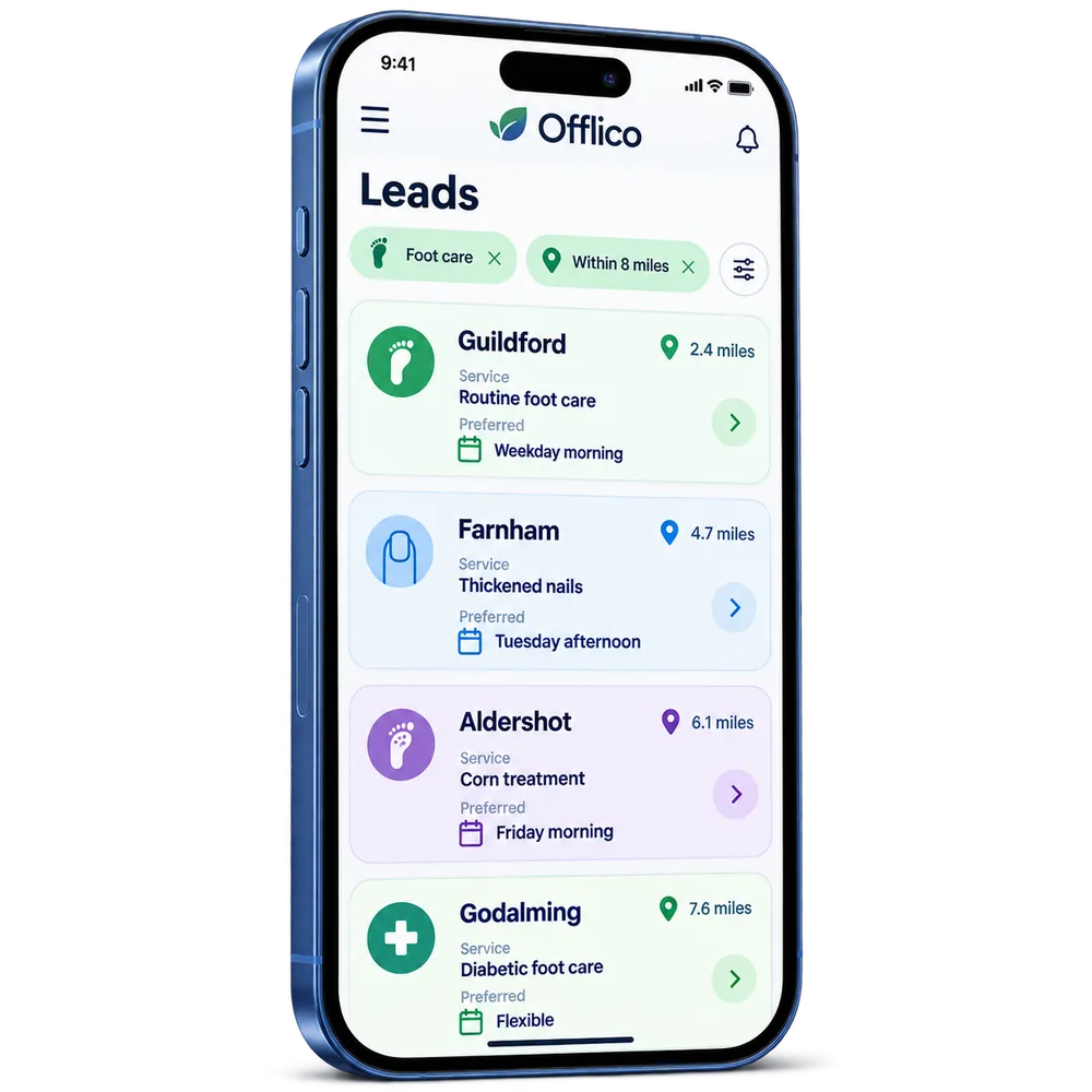 Offlico customer requests filtered by service area and travel distance