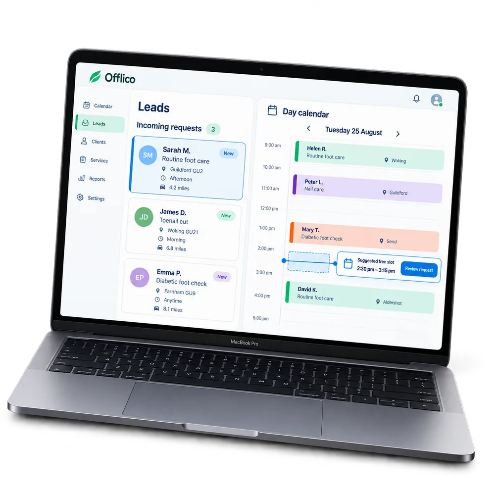 Offlico leads inbox beside a working calendar with an available appointment slot