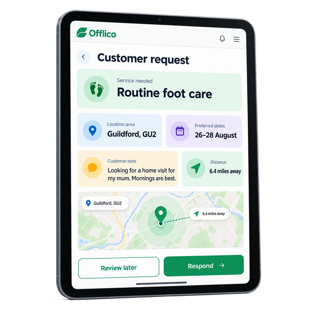 Offlico local customer request showing service area and details before response