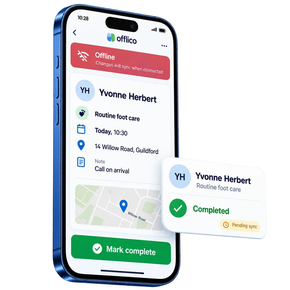 Offlico appointment marked complete while offline with a pending sync status