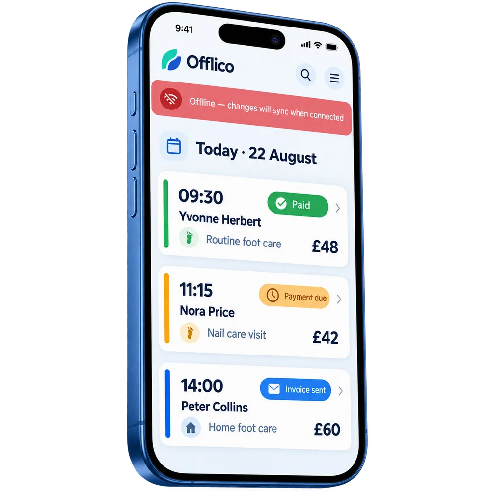Offlico offline appointment list with paid payment due and invoice sent statuses