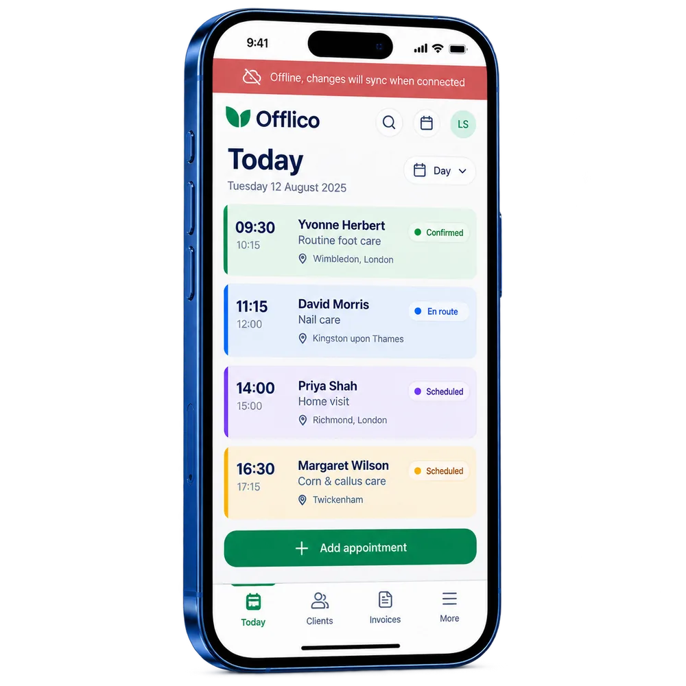 Offlico mobile app showing an offline status banner above today appointments