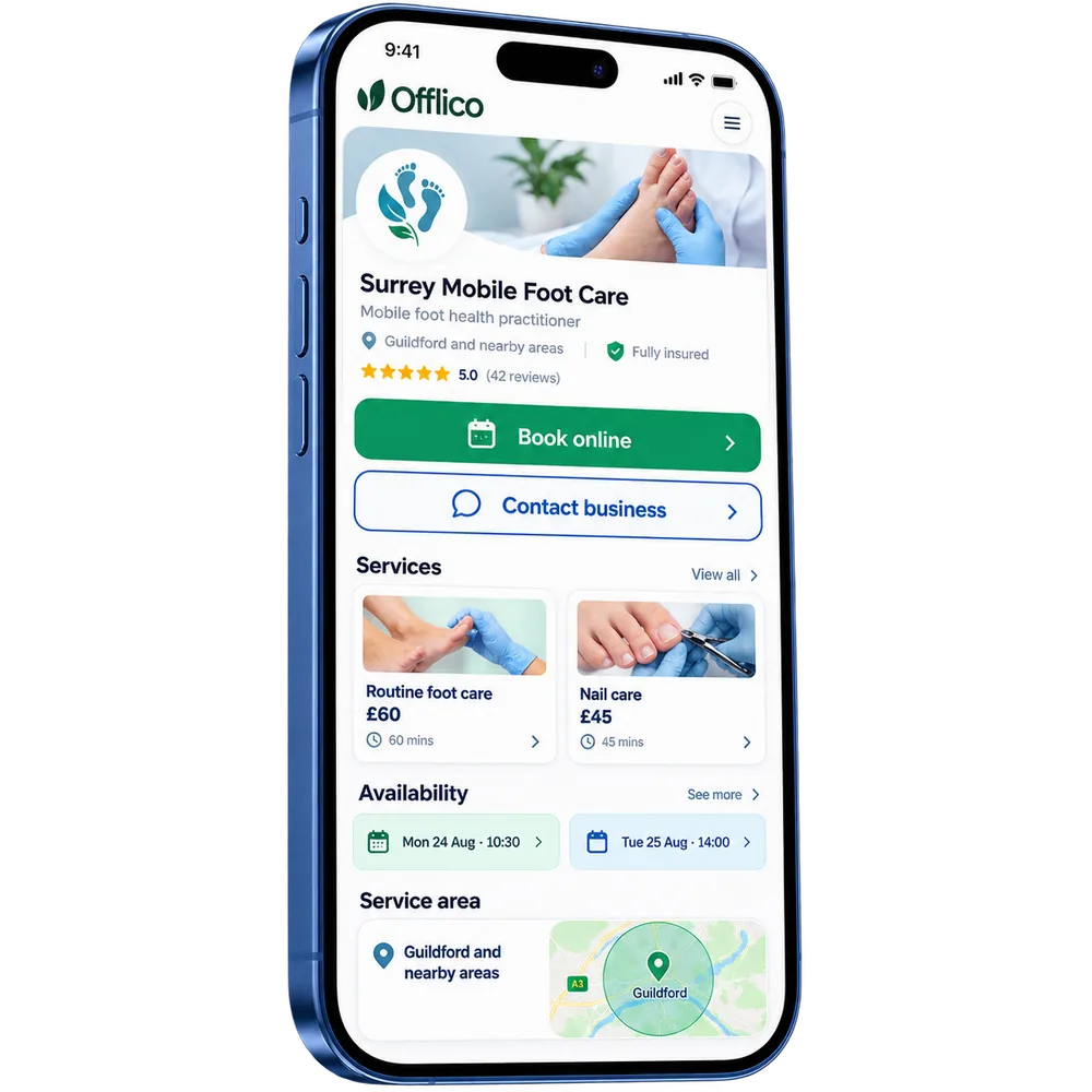 Offlico public profile with clear book online and contact business actions