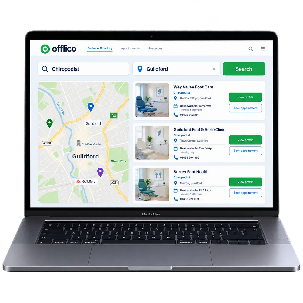 Offlico customer search page showing local businesses by service and location
