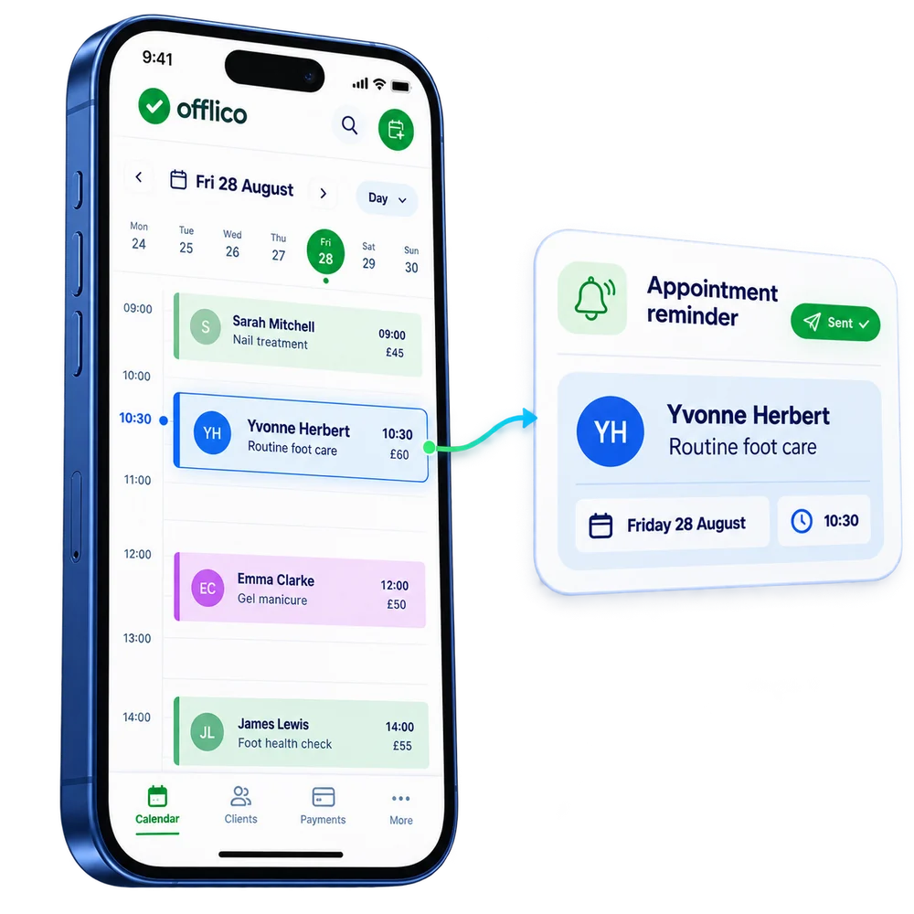Offlico automatic appointment reminder notification linked to a client booking