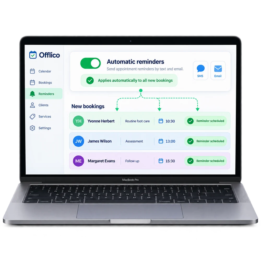 Offlico booking automation settings for appointment reminders