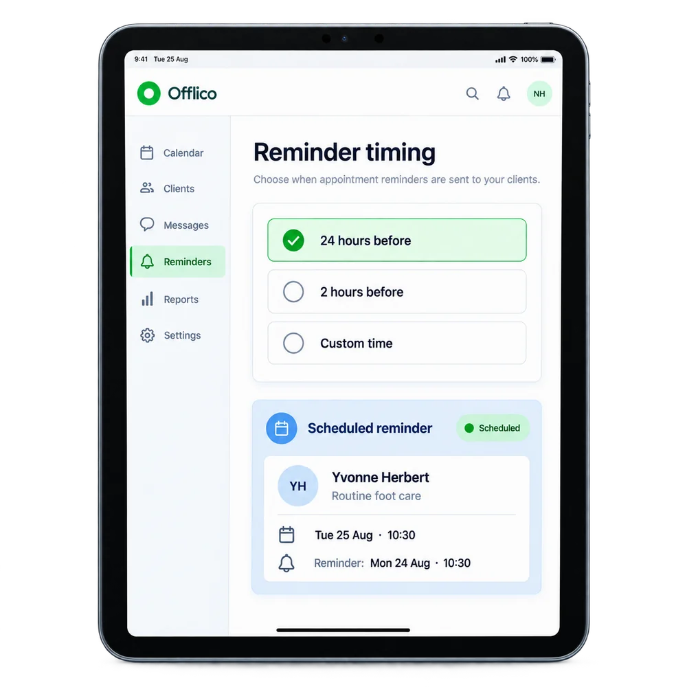 Offlico appointment reminder timing options and send schedule
