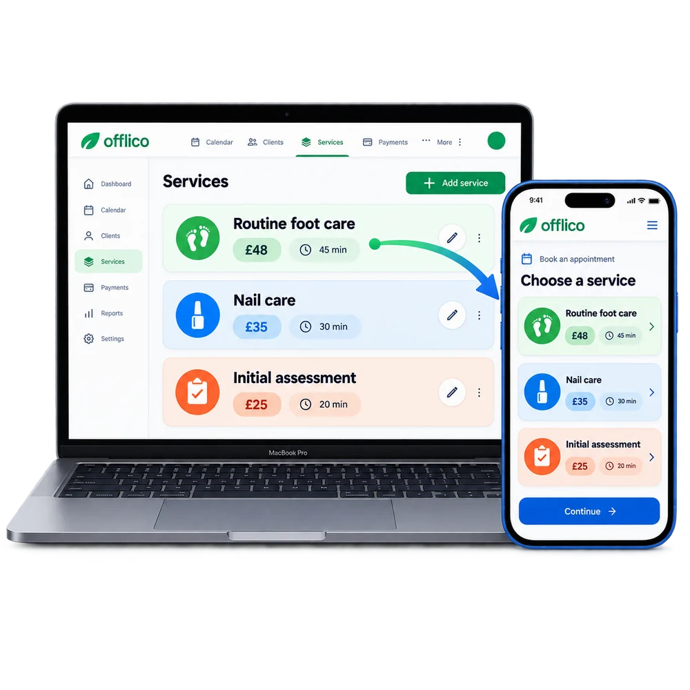 Offlico service list connected to a customer online booking page