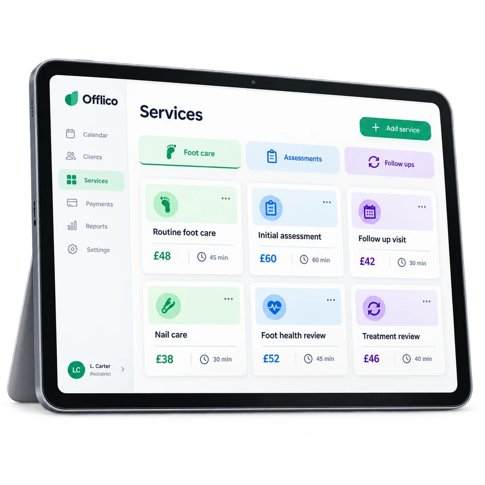 Offlico service menu organised into clear business categories