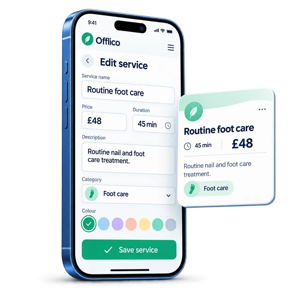 Offlico service editor showing name price duration and description fields