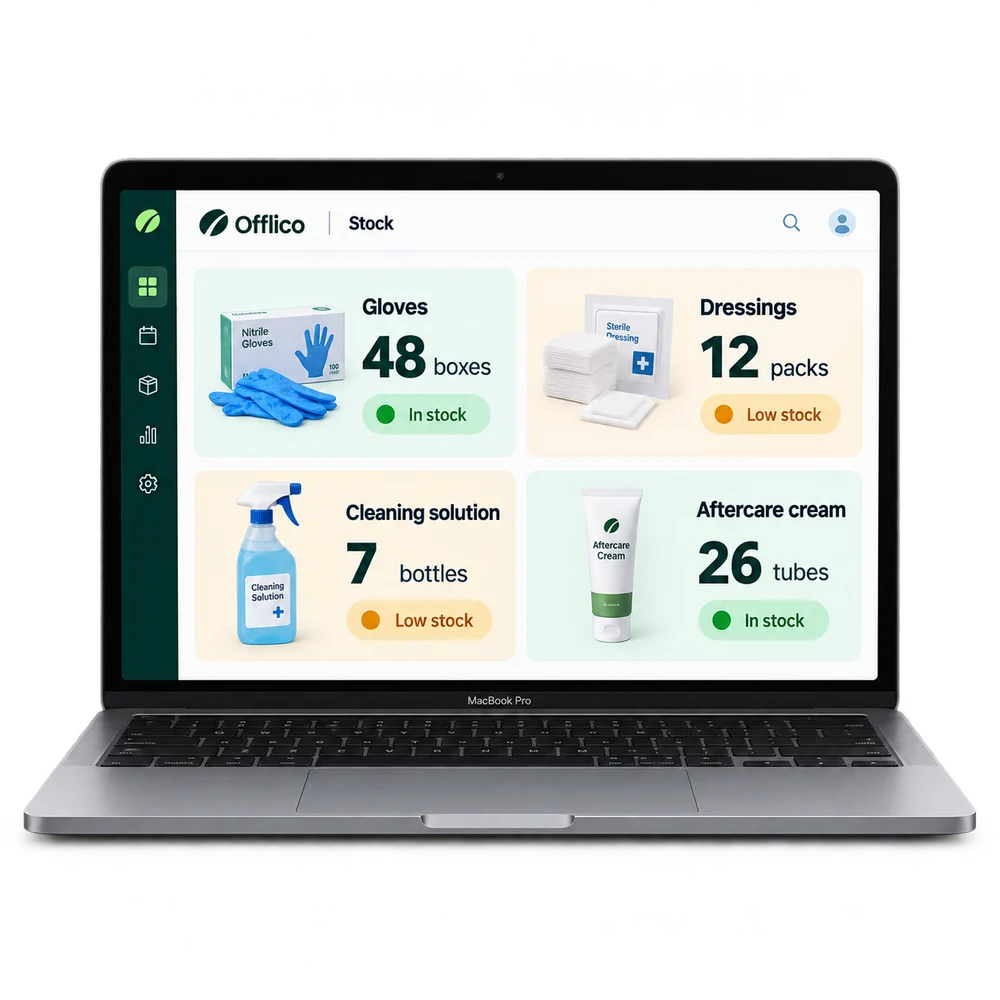 Offlico stock list showing products materials and current quantities