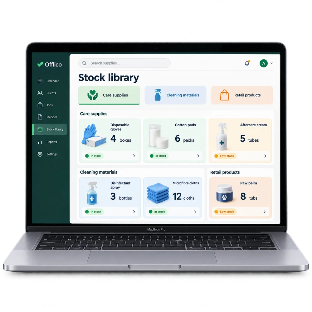Offlico stock management view with multiple business products and supplies