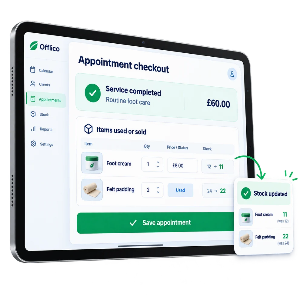 Offlico appointment recording a stock item as used or sold