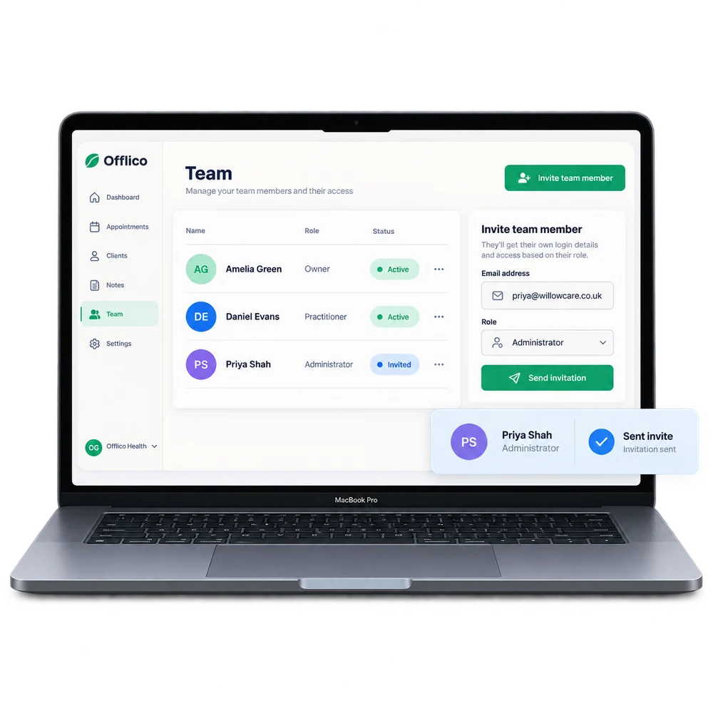 Offlico team invite flow with separate staff member logins