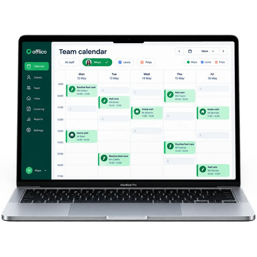 Offlico shared team calendar filtered to one staff member and their appointments