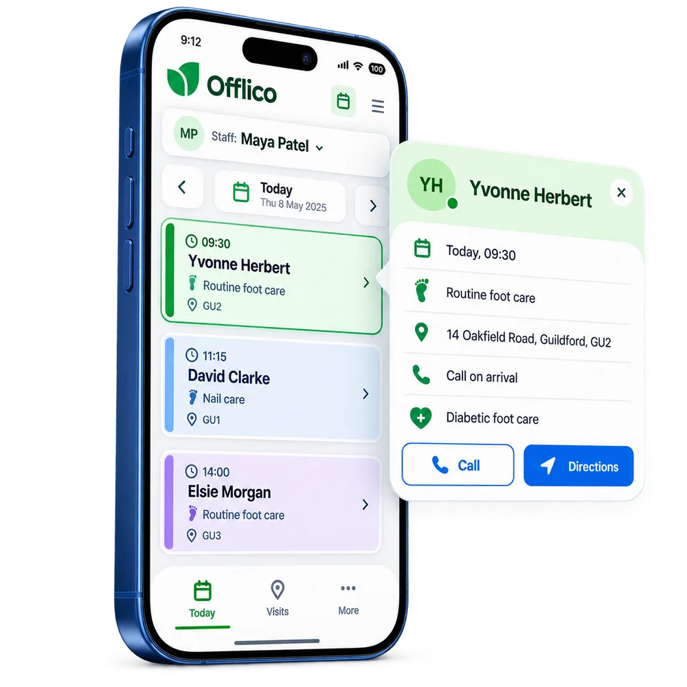 Offlico staff Today view showing assigned appointments and relevant client details