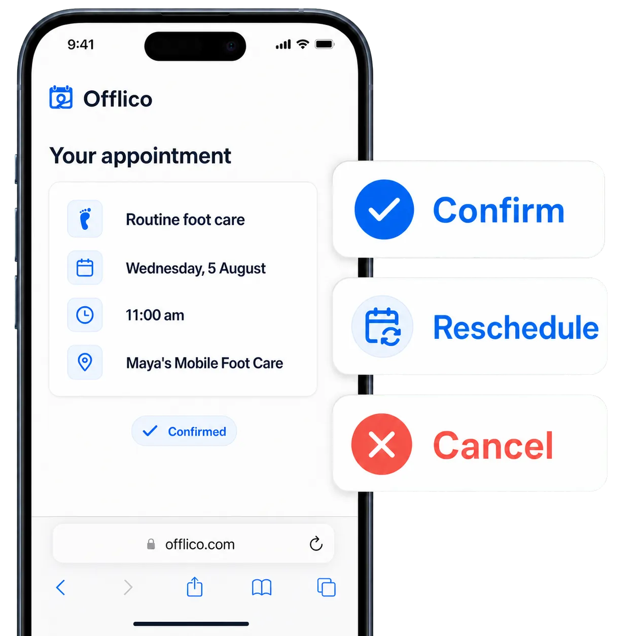 Offlico online booking page for clients to manage an appointment