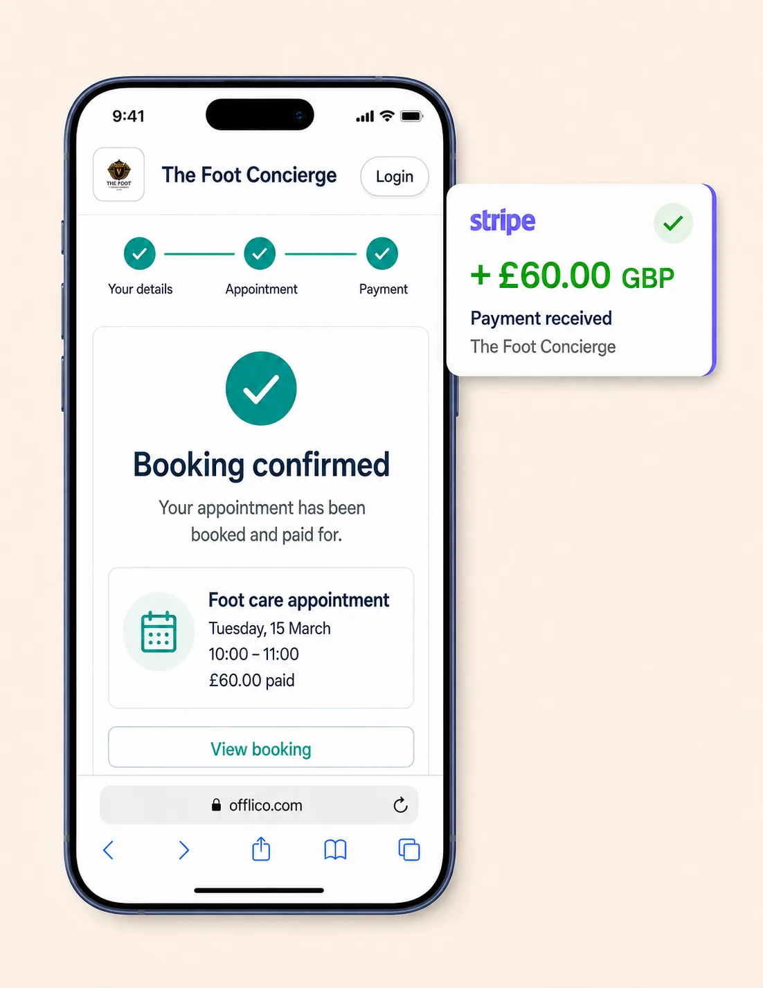 Online booking confirmation on an iPhone with a payment received notification
