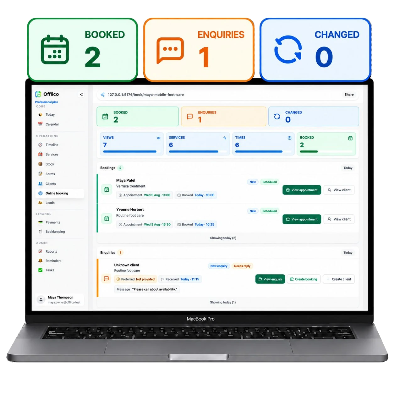 Offlico online booking dashboard showing totals for booked appointments, enquiries and changed bookings