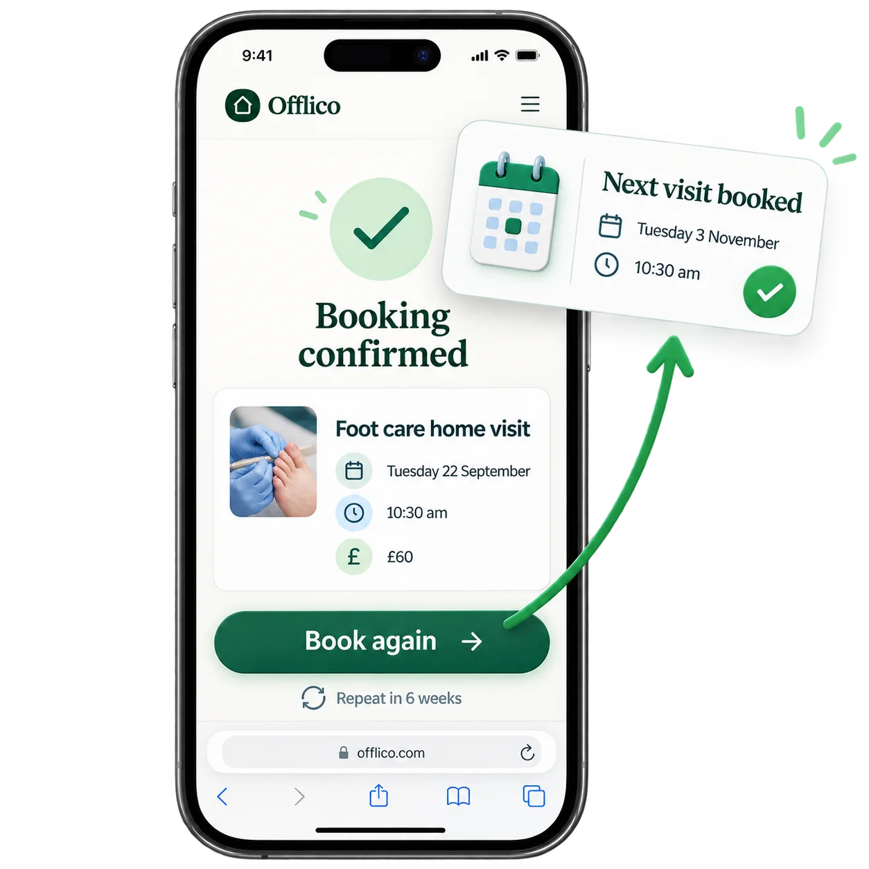 Offlico booking confirmation page with a Book again button for arranging the customer's next visit