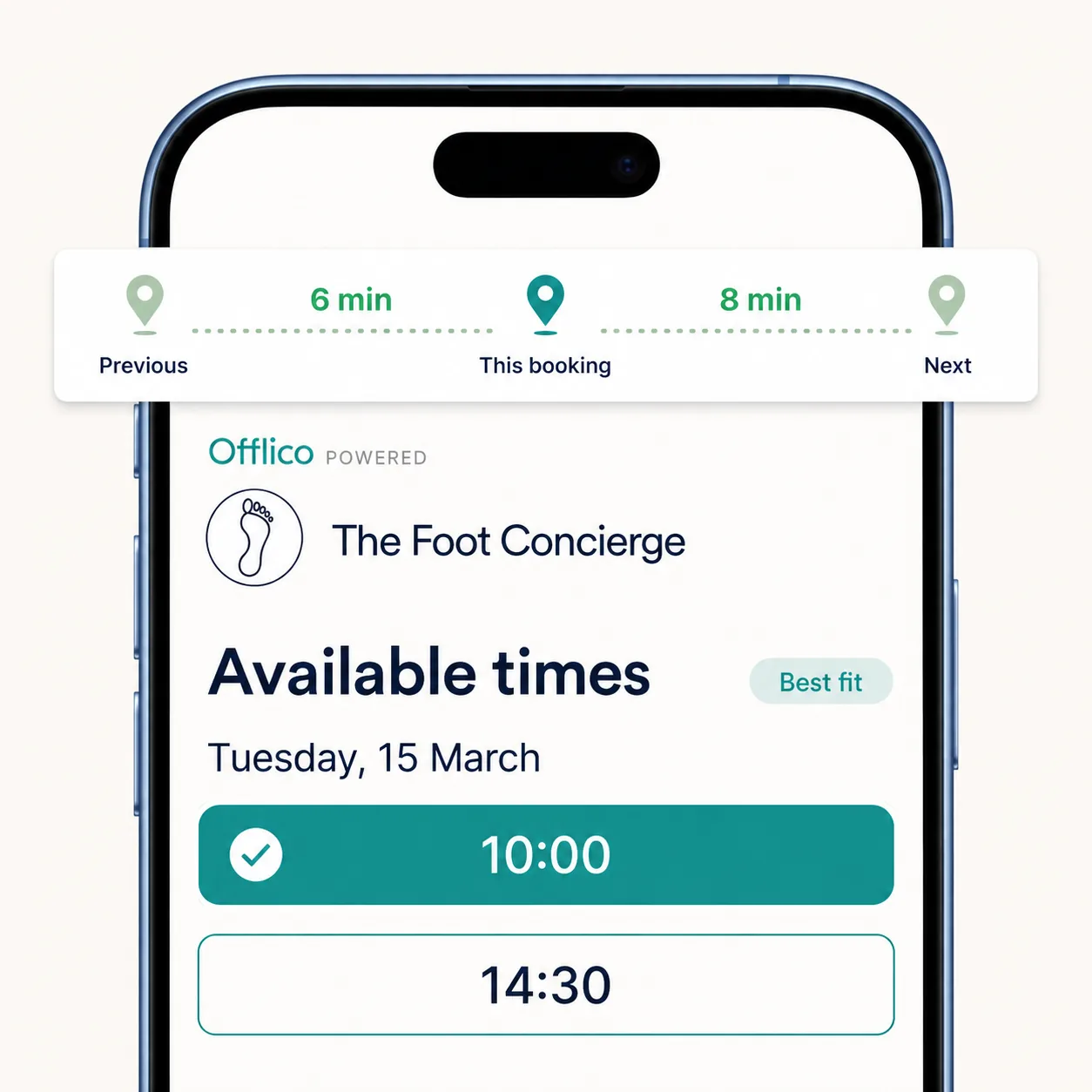 Offlico online booking page showing selected appointment times with six and eight minute journeys to neighbouring bookings