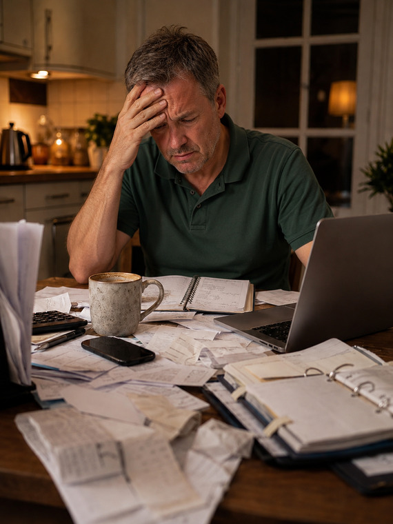 Overwhelmed gardener surrounded by paperwork and receipts after work