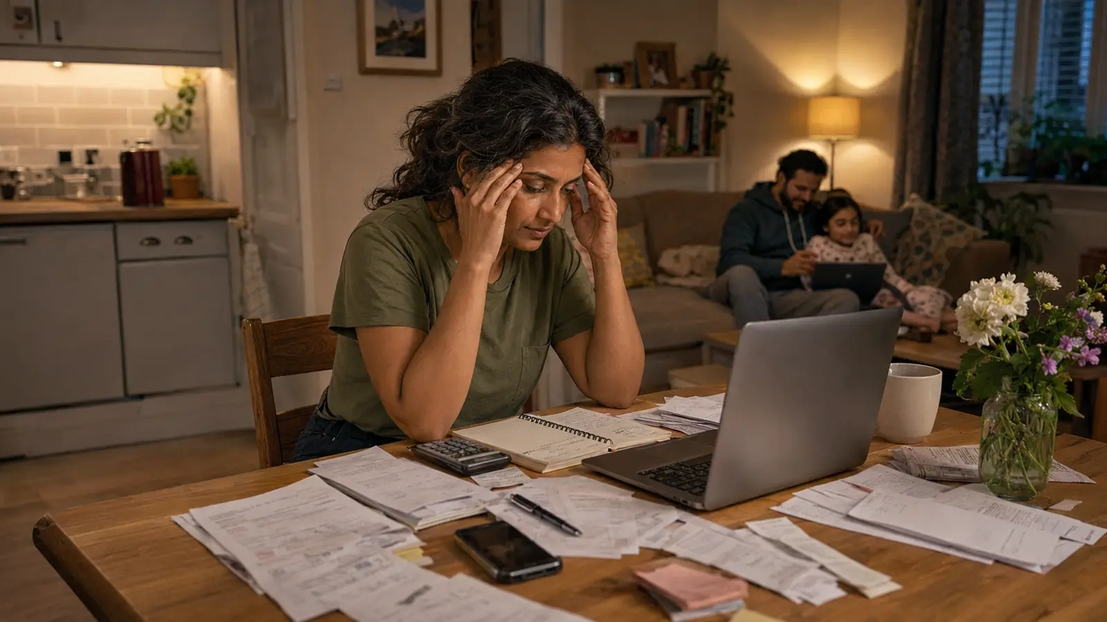 Before Offlico, a gardener working late at a kitchen table covered with paperwork, receipts, diary pages, laptop, and phone
