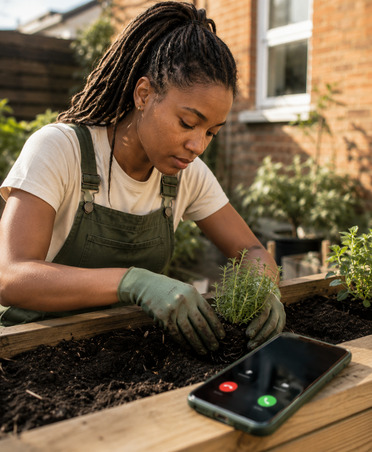 Gardener treating an older client at home while a private number call comes through